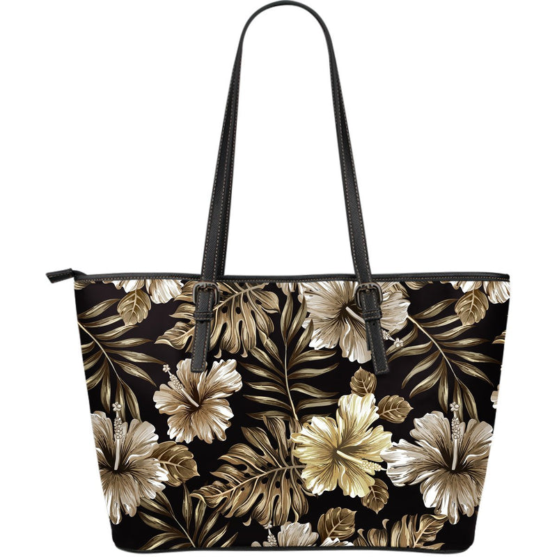 Brown Hibiscus Tropical Large Leather Tote Bag