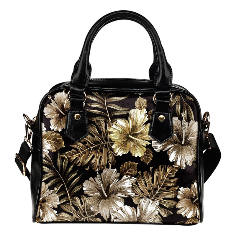 Brown Hibiscus Tropical Leather Shoulder Handbag