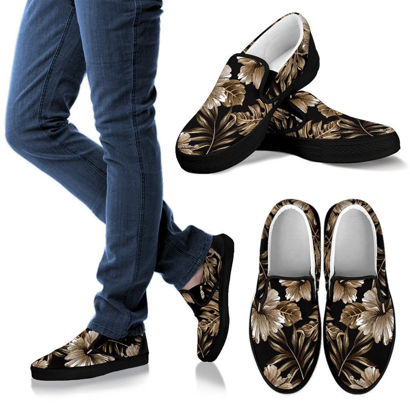 Brown Hibiscus Tropical Men Canvas Slip On Shoes