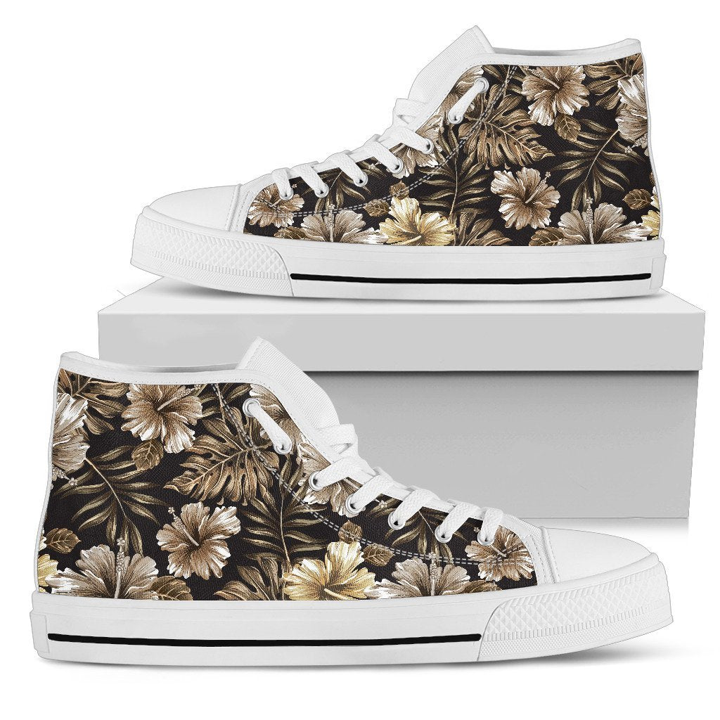 Brown Hibiscus Tropical Men High Top Canvas Shoes