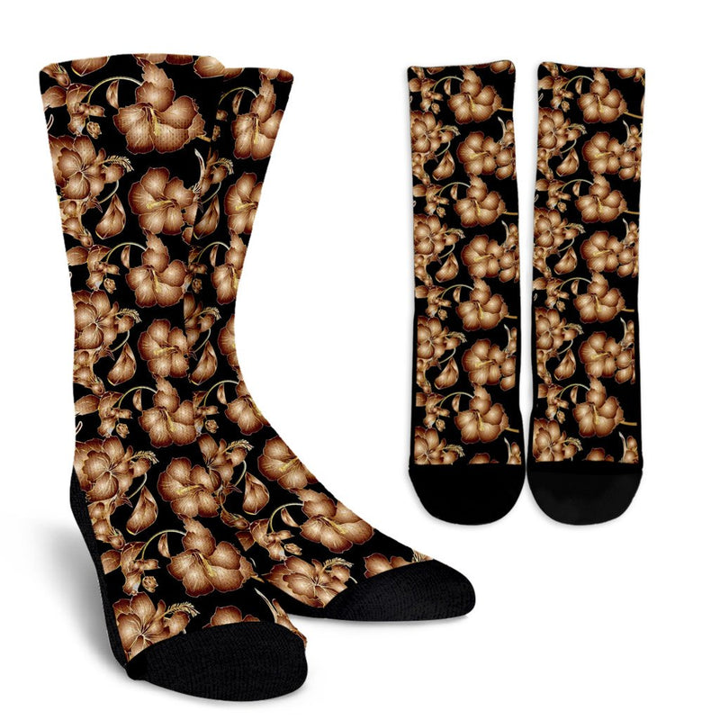 Brown Hibiscus Pattern Print Design HB06 Crew Socks-JORJUNE.COM