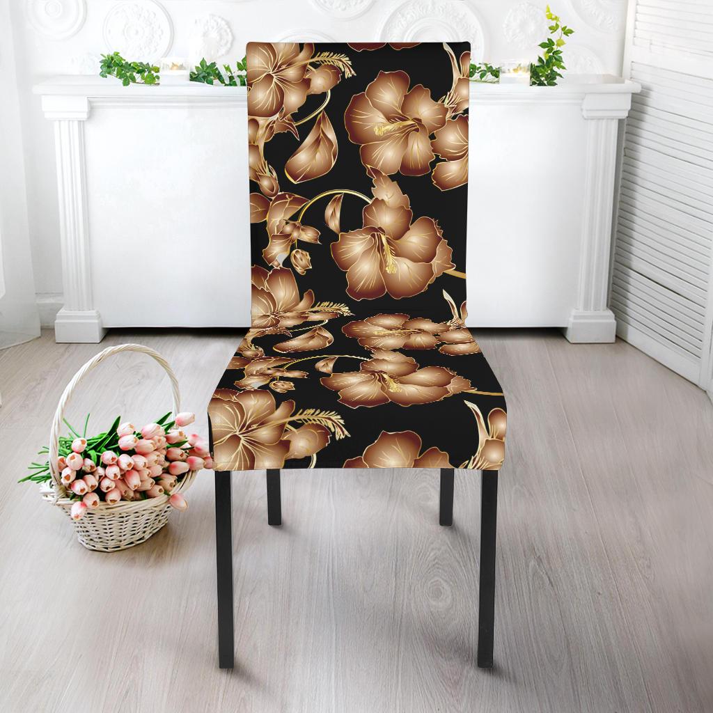 Brown Hibiscus Pattern Print Design HB06 Dining Chair Slipcover-JORJUNE.COM