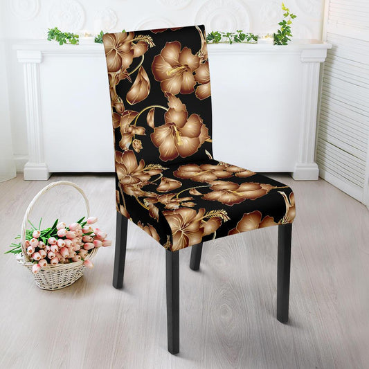 Brown Hibiscus Pattern Print Design HB06 Dining Chair Slipcover-JORJUNE.COM