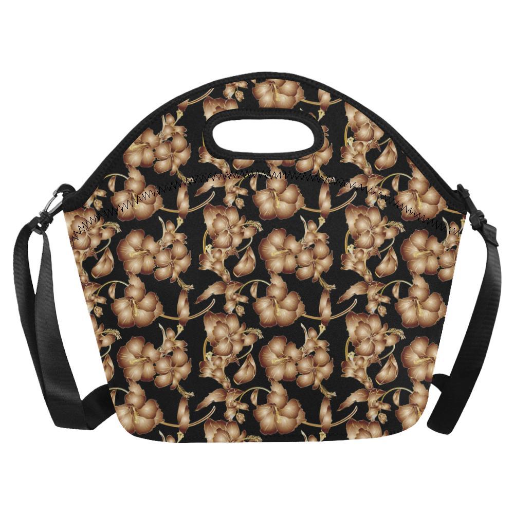 Brown Hibiscus Pattern Print Design HB06 Neoprene Lunch Bag-JorJune