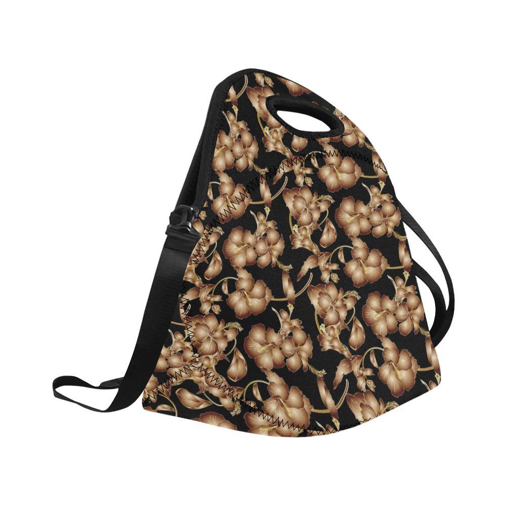 Brown Hibiscus Pattern Print Design HB06 Neoprene Lunch Bag-JorJune