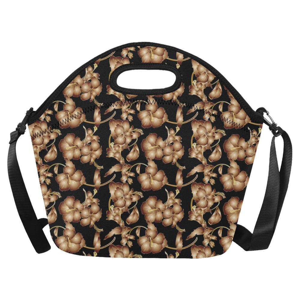 Brown Hibiscus Pattern Print Design HB06 Neoprene Lunch Bag-JorJune