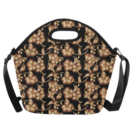 Brown Hibiscus Pattern Print Design HB06 Neoprene Lunch Bag-JorJune