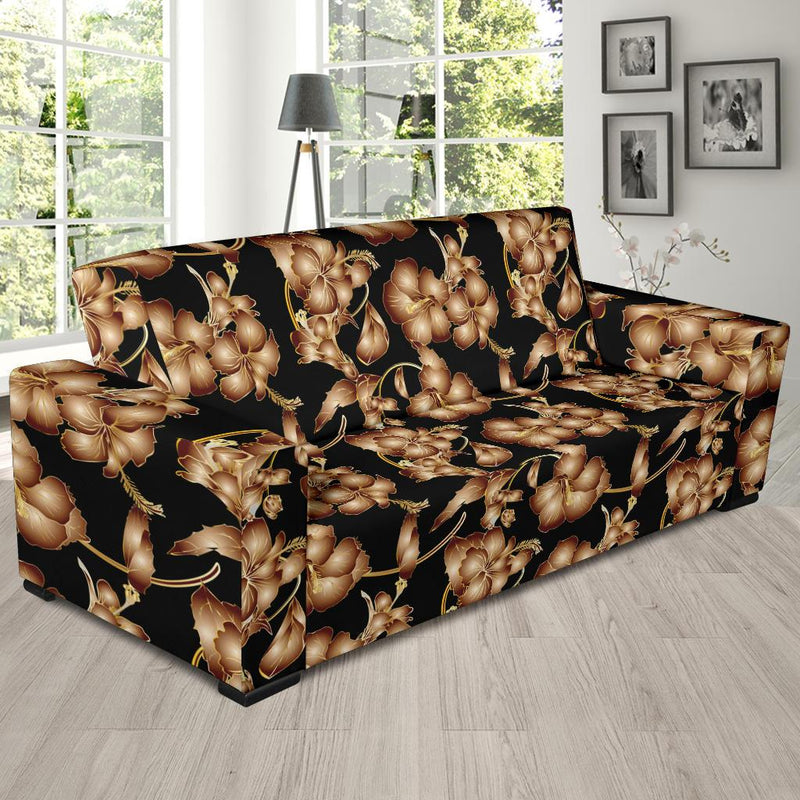 Brown Hibiscus Pattern Print Design HB06 Sofa Slipcover-JORJUNE.COM