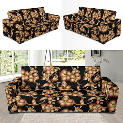 Brown Hibiscus Pattern Print Design HB06 Sofa Slipcover-JORJUNE.COM