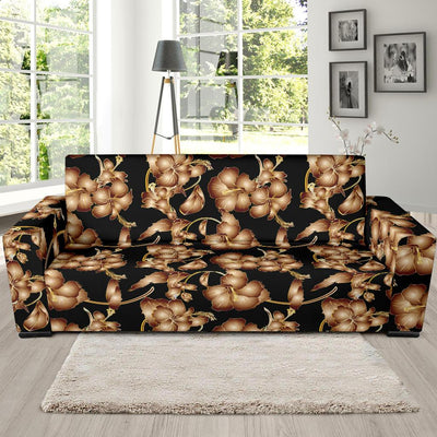 Brown Hibiscus Pattern Print Design HB06 Sofa Slipcover-JORJUNE.COM