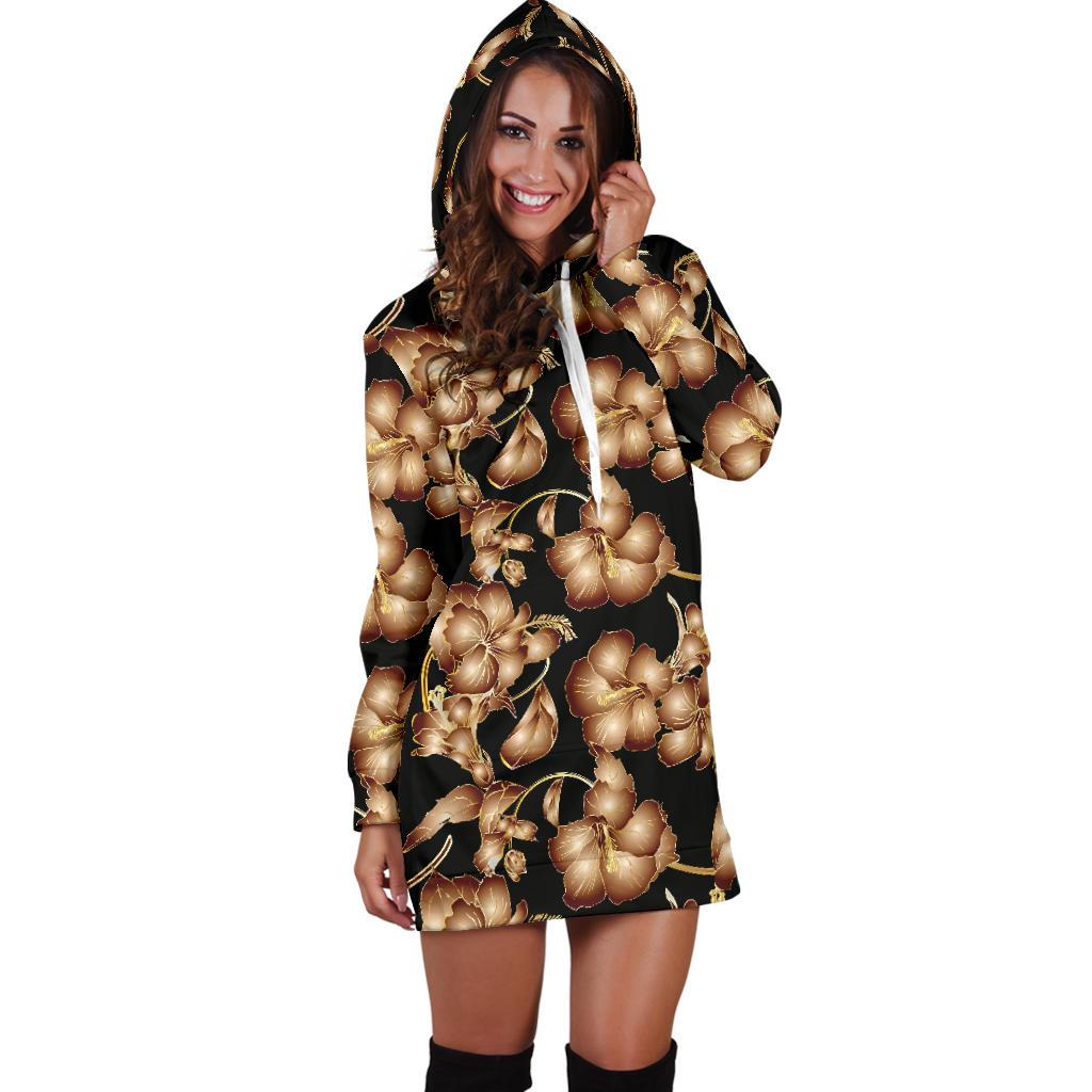 Brown Hibiscus Pattern Print Design HB06 Women Hoodie Dress