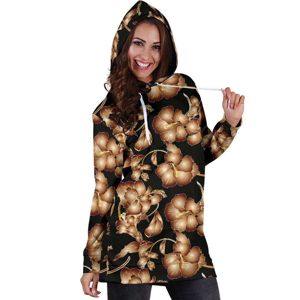 Brown Hibiscus Pattern Print Design HB06 Women Hoodie Dress