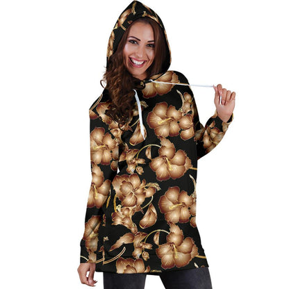 Brown Hibiscus Pattern Print Design HB06 Women Hoodie Dress