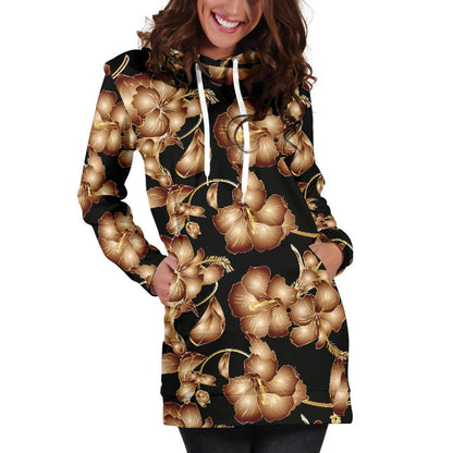 Brown Hibiscus Pattern Print Design HB06 Women Hoodie Dress