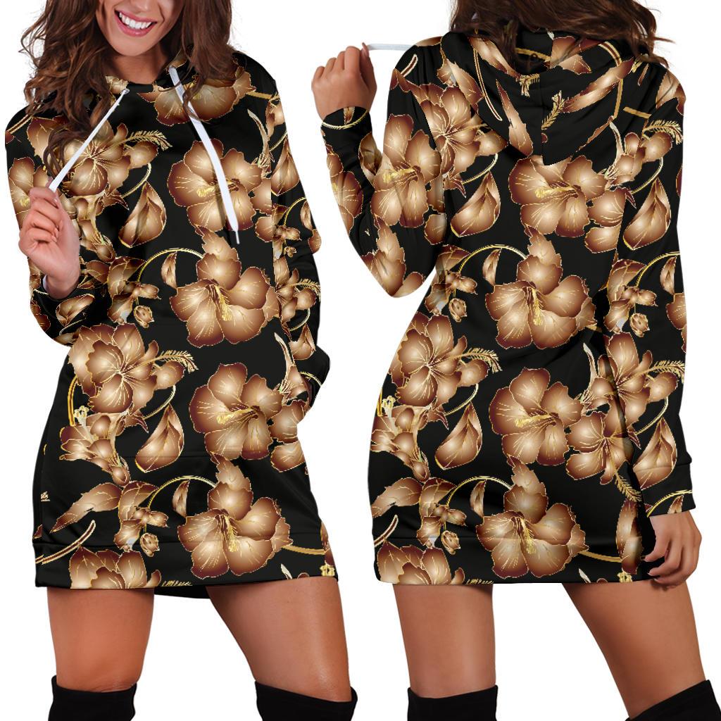 Brown Hibiscus Pattern Print Design HB06 Women Hoodie Dress