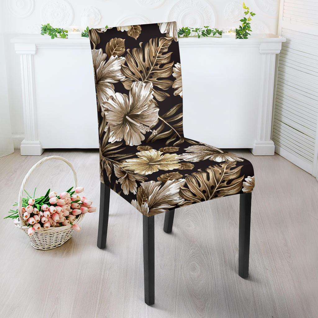 Brown Hibiscus Tropical Dining Chair Slipcover-JORJUNE.COM