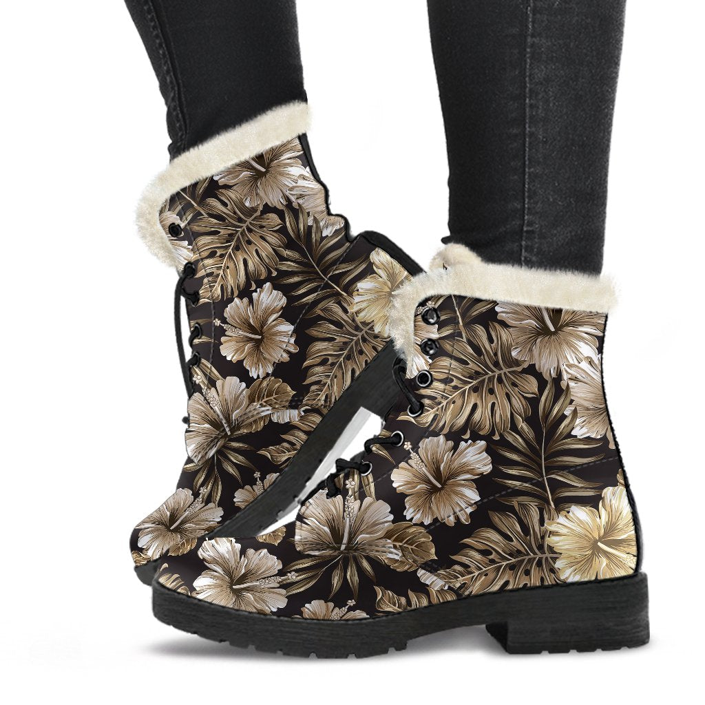 Brown Hibiscus Tropical Faux Fur Leather Boots