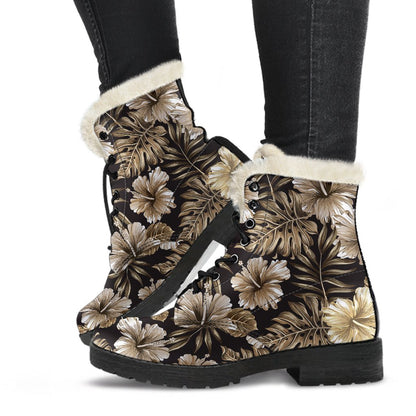 Brown Hibiscus Tropical Faux Fur Leather Boots