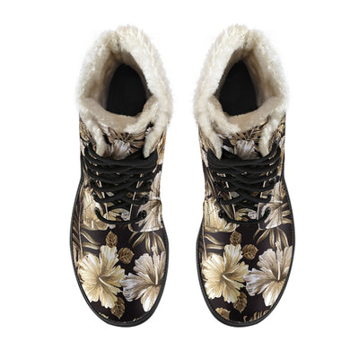Brown Hibiscus Tropical Faux Fur Leather Boots