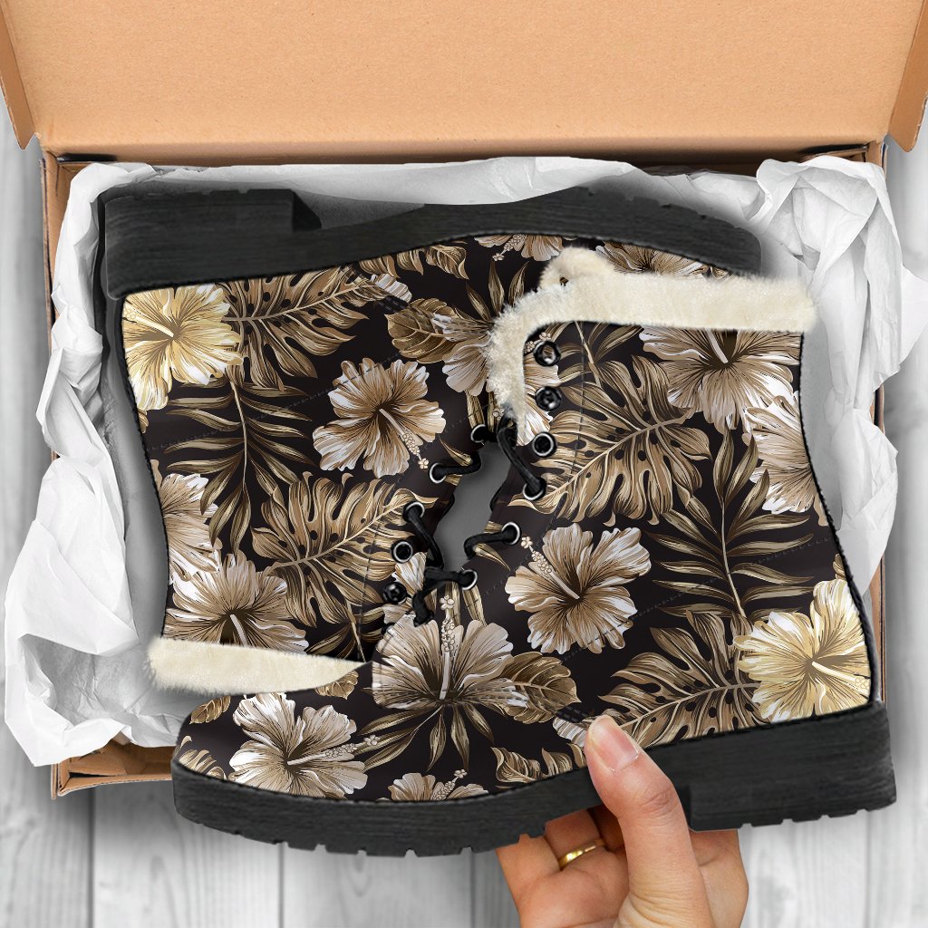 Brown Hibiscus Tropical Faux Fur Leather Boots