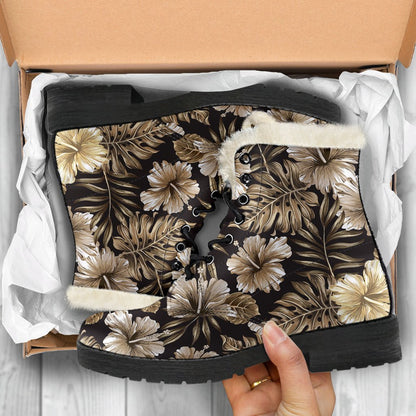 Brown Hibiscus Tropical Faux Fur Leather Boots