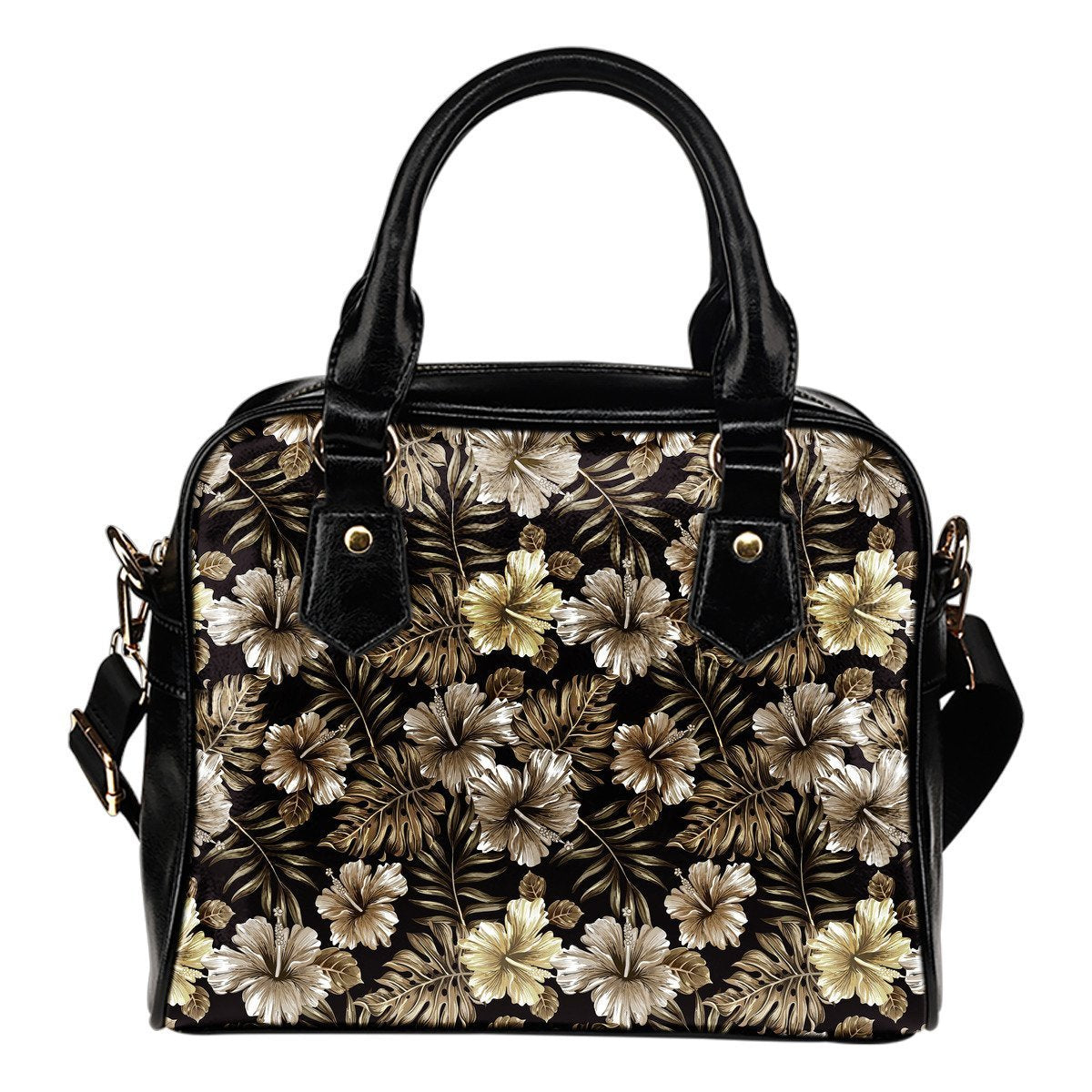 Brown Hibiscus Tropical Leather Shoulder Handbag