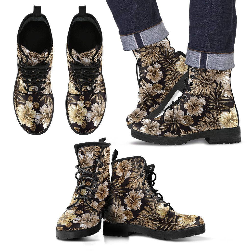 Brown Hibiscus Tropical Men Leather Boots