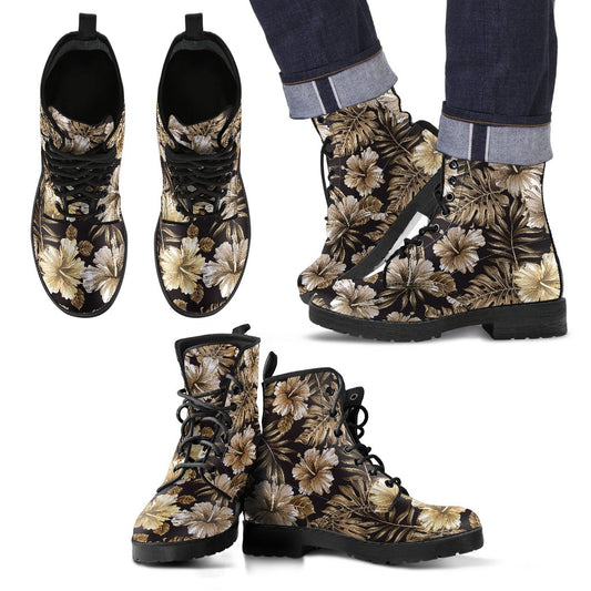 Brown Hibiscus Tropical Men Leather Boots