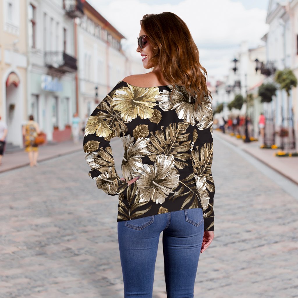 Brown Hibiscus Tropical Off Shoulder Sweatshirt