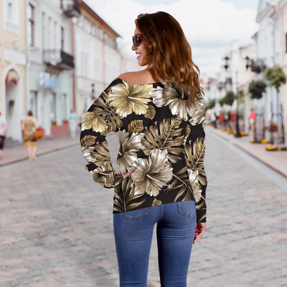 Brown Hibiscus Tropical Off Shoulder Sweatshirt