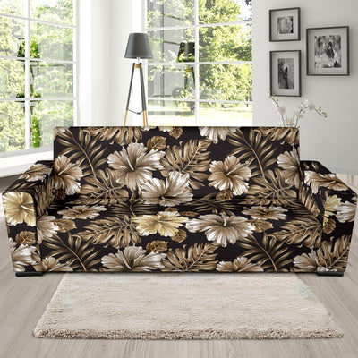 Brown Hibiscus Tropical Sofa Slipcover-JORJUNE.COM