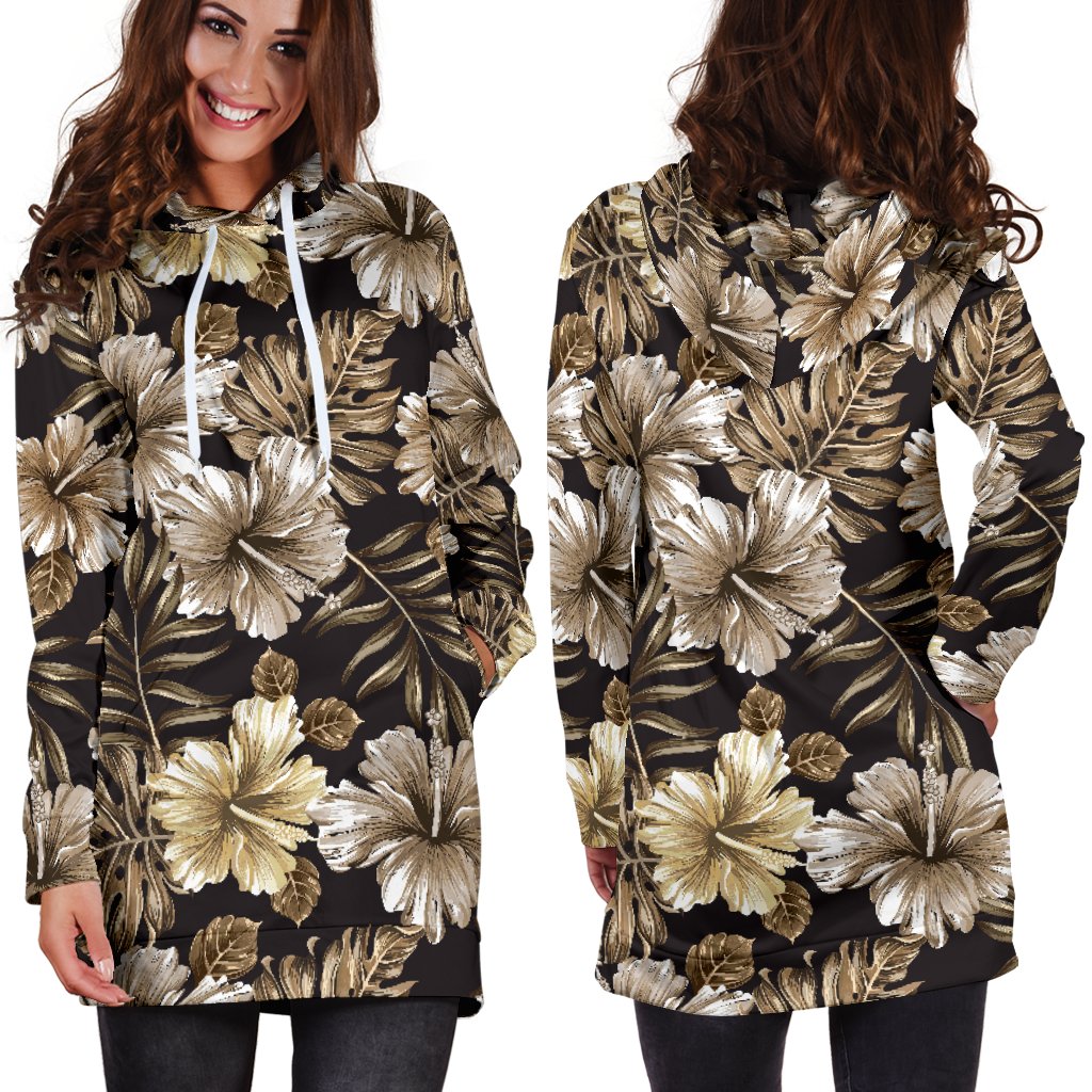 Brown Hibiscus Tropical Women Hoodie Dress