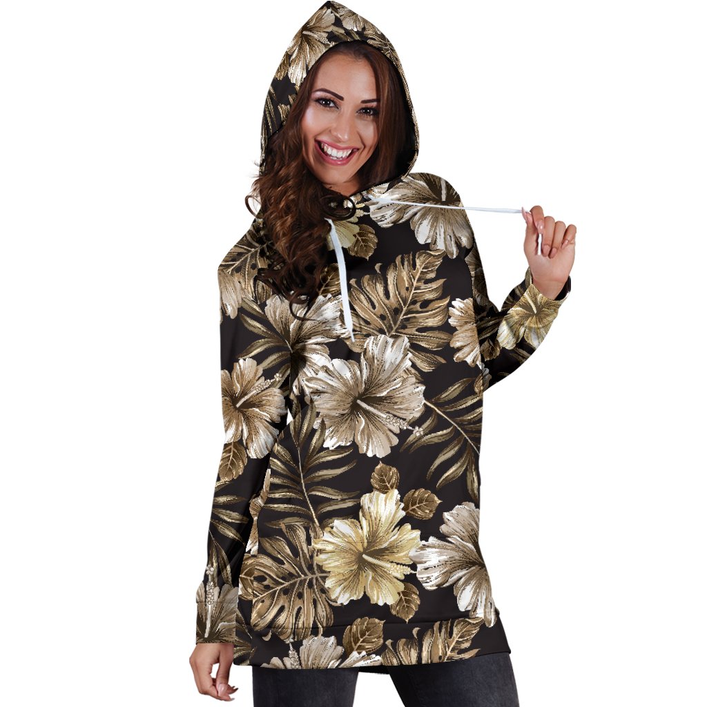 Brown Hibiscus Tropical Women Hoodie Dress