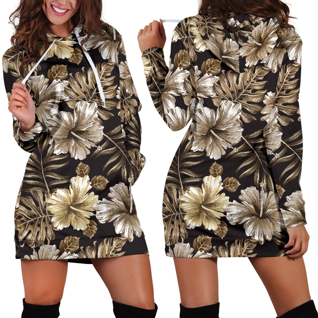 Brown Hibiscus Tropical Women Hoodie Dress
