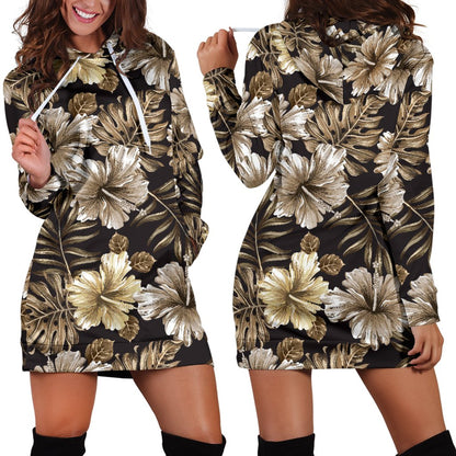 Brown Hibiscus Tropical Women Hoodie Dress