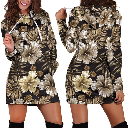 Brown Hibiscus Tropical Women Hoodie Dress