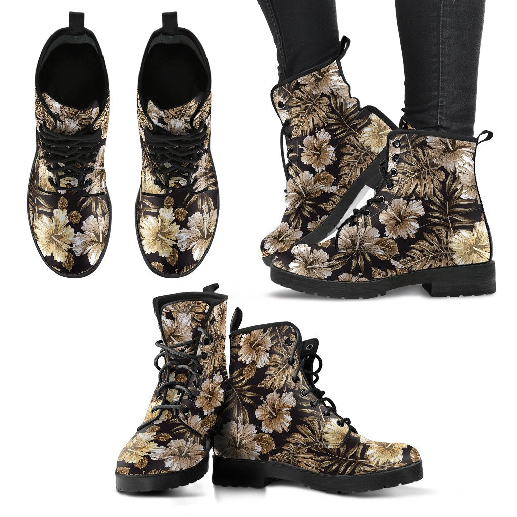 Brown Hibiscus Tropical Women Leather Boots