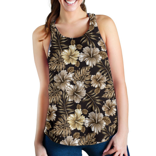 Brown Hibiscus Tropical Women Racerback Tank Top