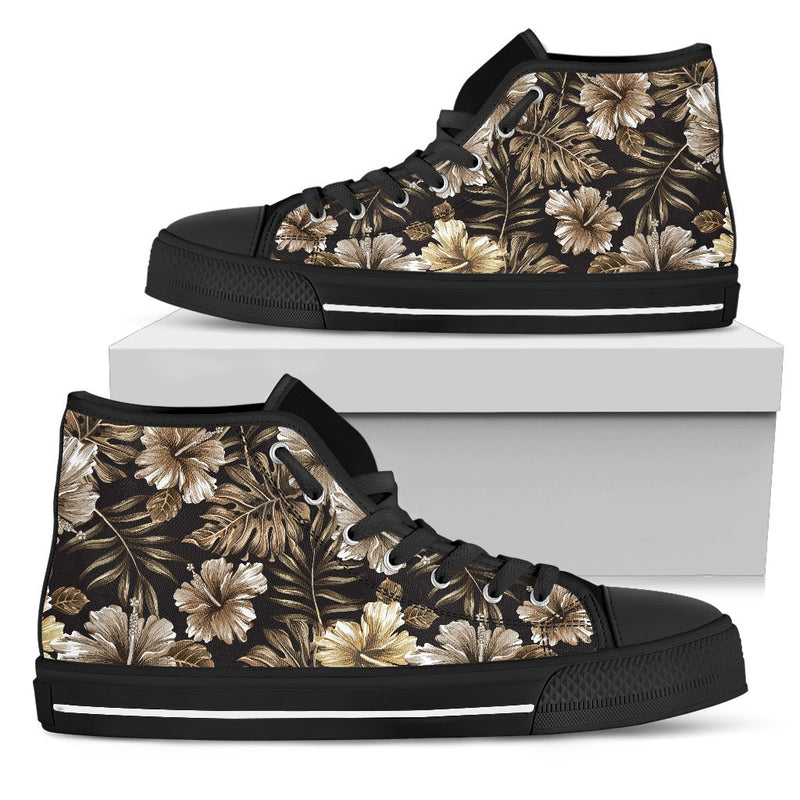 Brown Hibiscus Tropical Women High Top Canvas Shoes