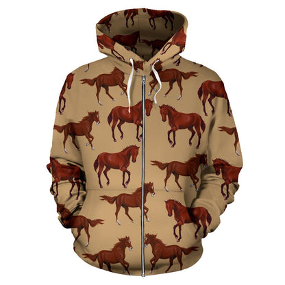 Brown Horse Print Pattern All Over Zip Up Hoodie