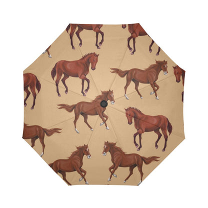 Brown Horse Print Pattern Automatic Foldable Umbrella