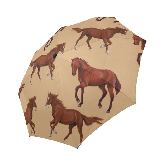 Brown Horse Print Pattern Automatic Foldable Umbrella