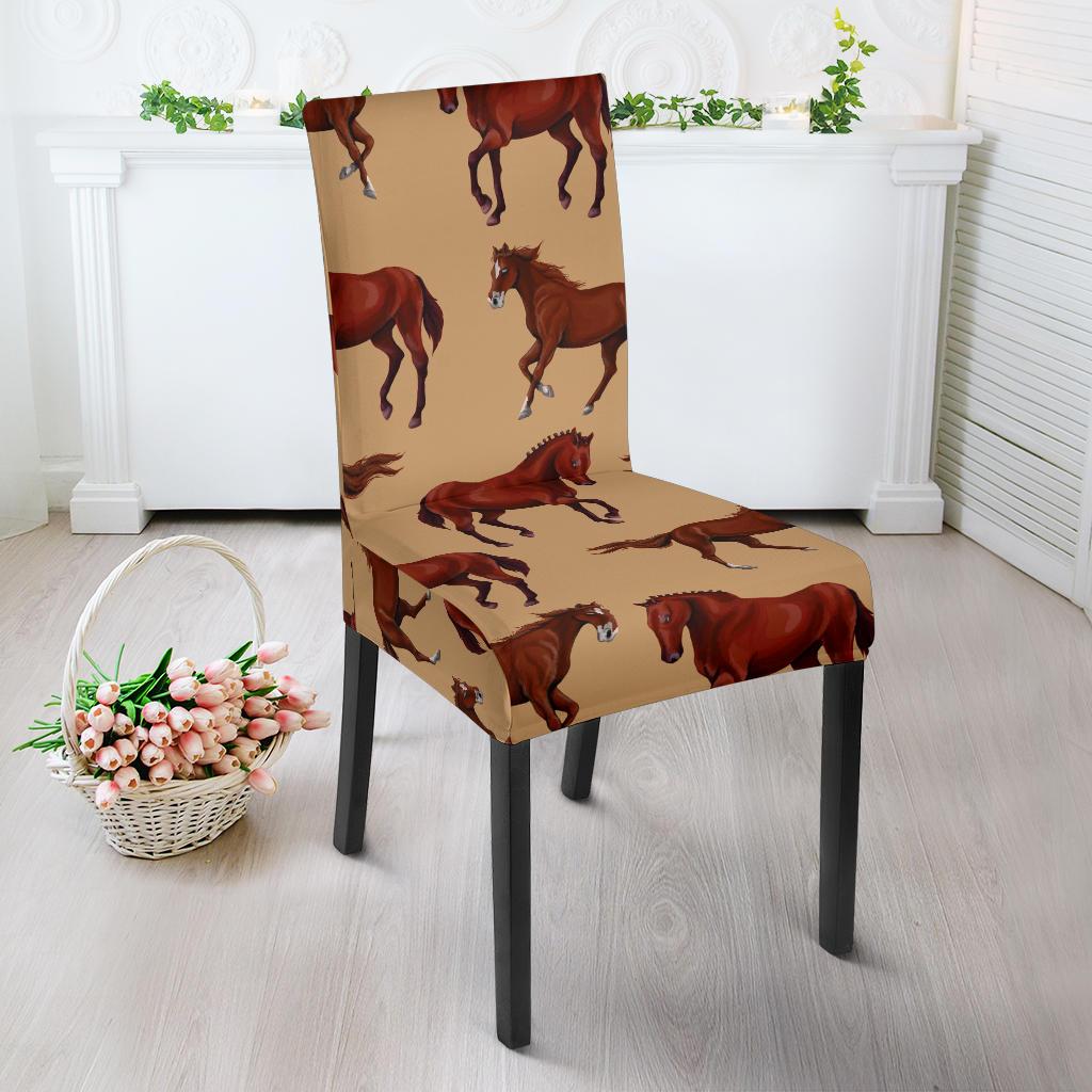 Brown Horse Print Pattern Dining Chair Slipcover-JORJUNE.COM