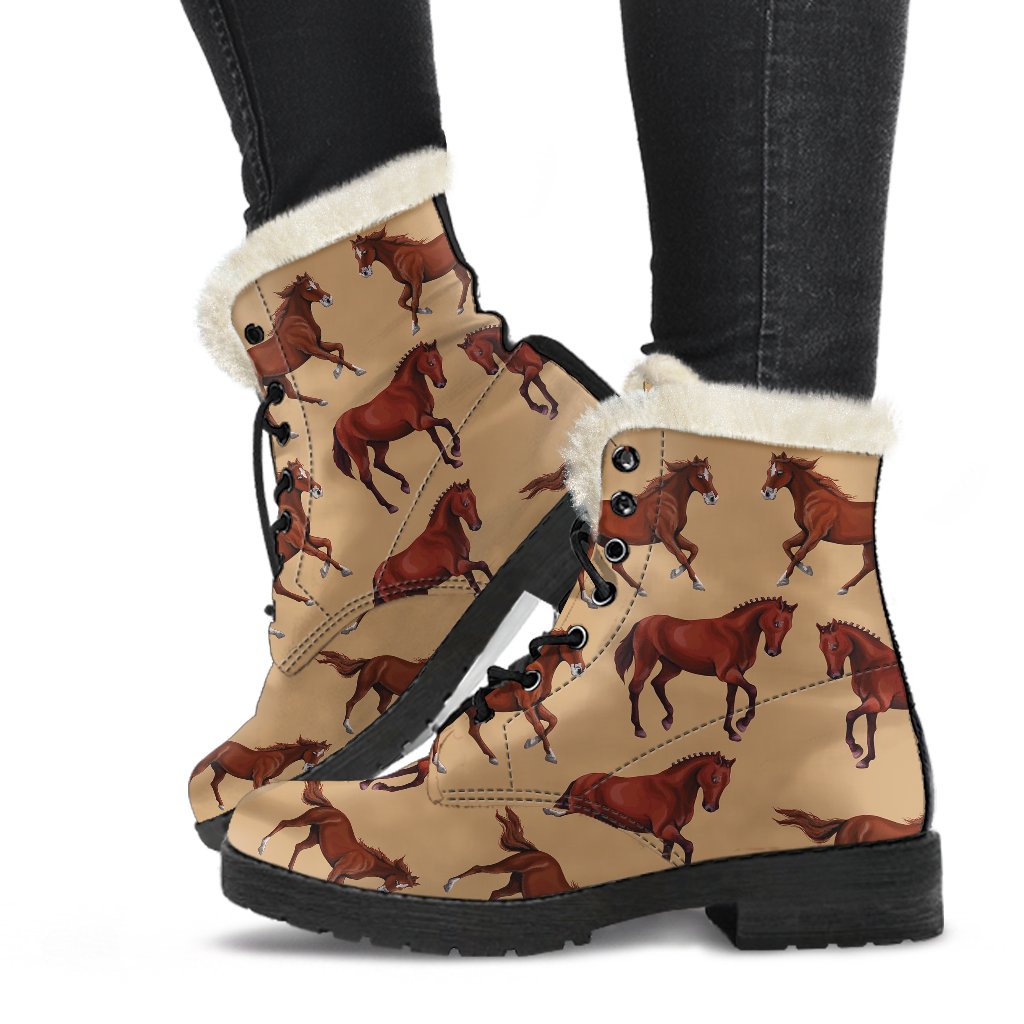 Brown Horse Print Pattern Faux Fur Leather Boots