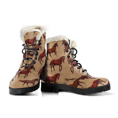 Brown Horse Print Pattern Faux Fur Leather Boots