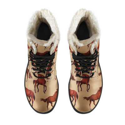 Brown Horse Print Pattern Faux Fur Leather Boots