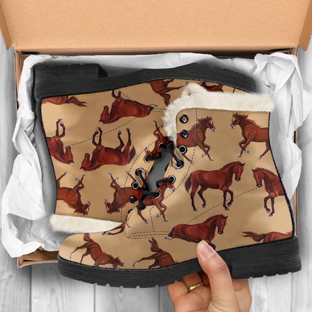 Brown Horse Print Pattern Faux Fur Leather Boots
