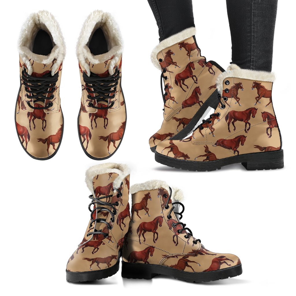 Brown Horse Print Pattern Faux Fur Leather Boots