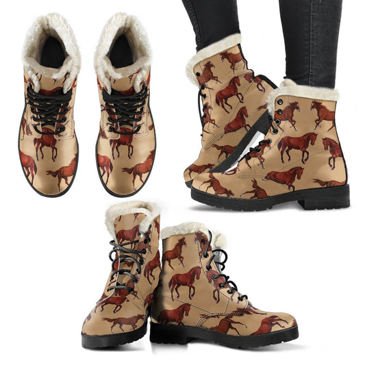 Brown Horse Print Pattern Faux Fur Leather Boots