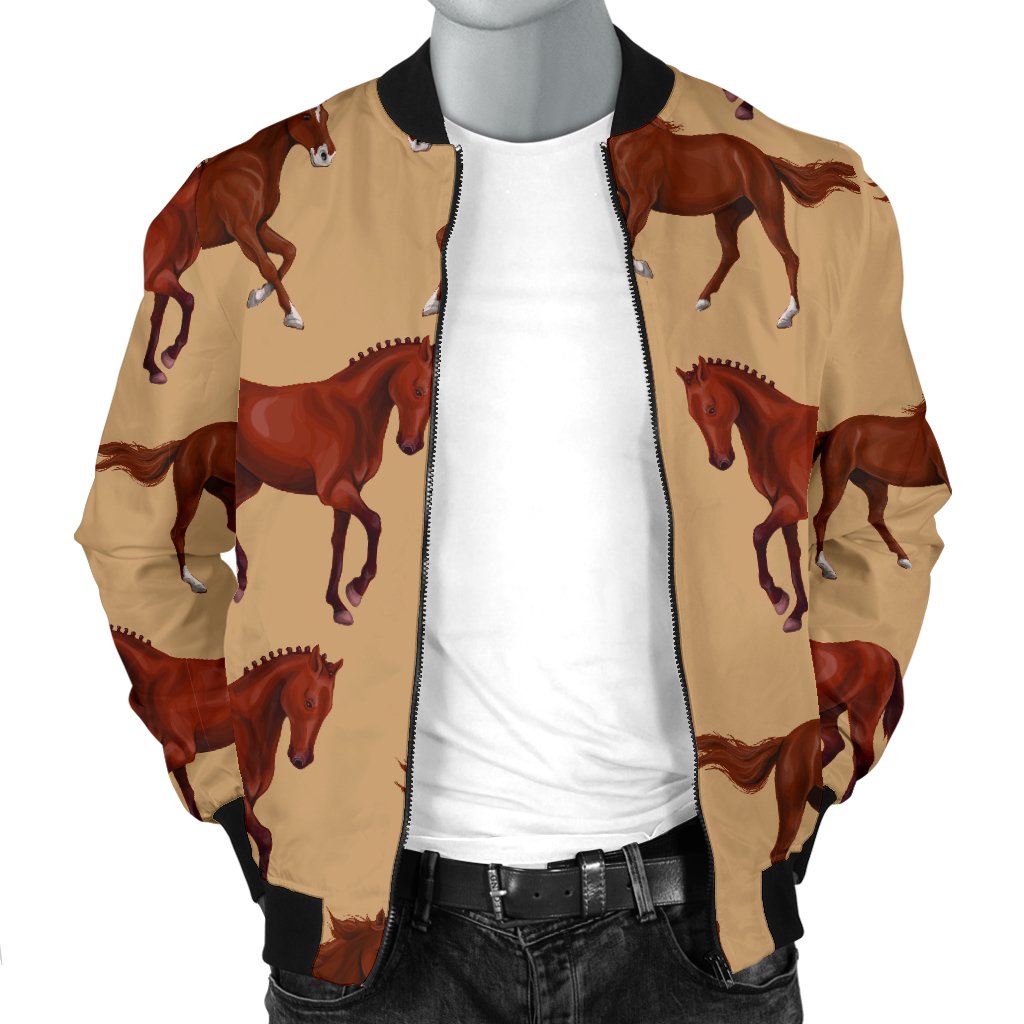 Brown Horse Print Pattern Men Casual Bomber Jacket